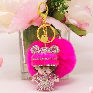 Keychain, Cute Monchichi Fur Ball Pompom.